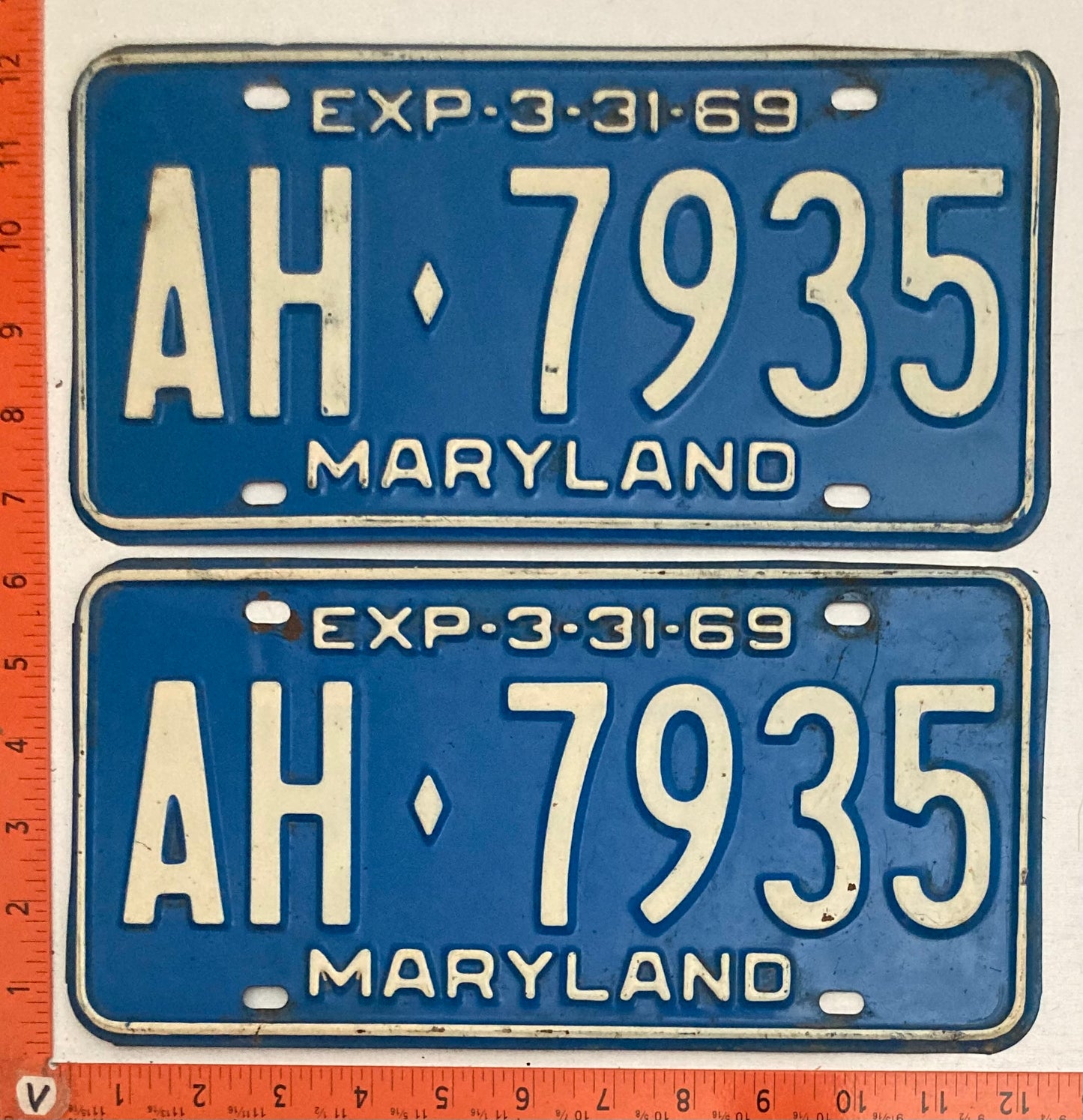 1969 Maryland #AH-7935 Passenger License Plate PAIR