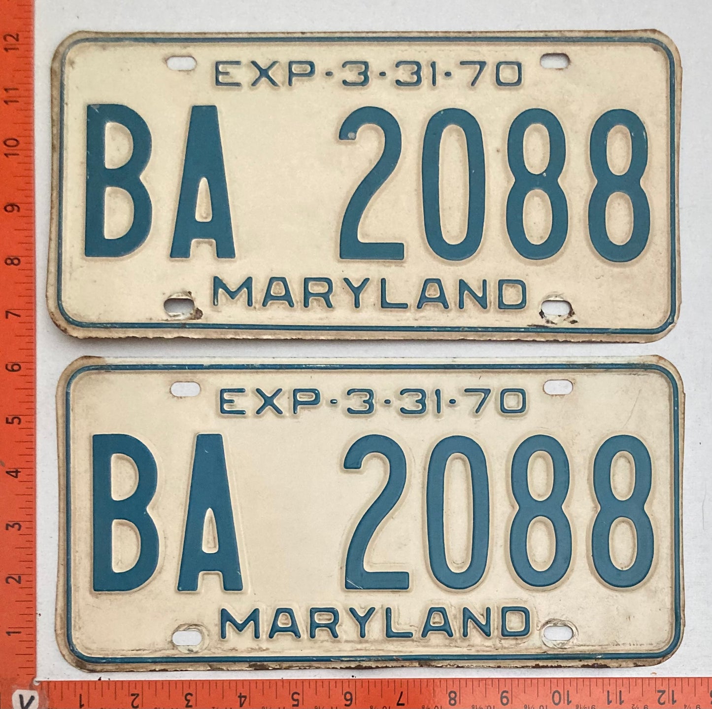 1970 Maryland #BA 2088 Passenger License Plate PAIR