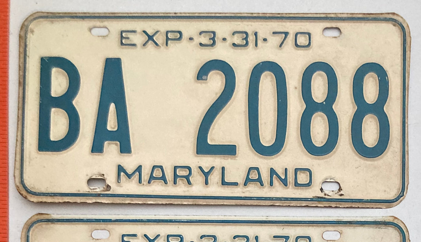 1970 Maryland #BA 2088 Passenger License Plate PAIR