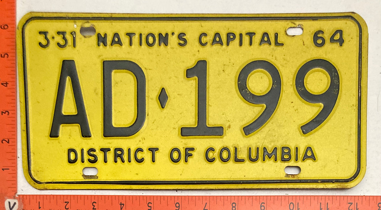 1964 Washington, DC #AD-199 Passenger License Plate