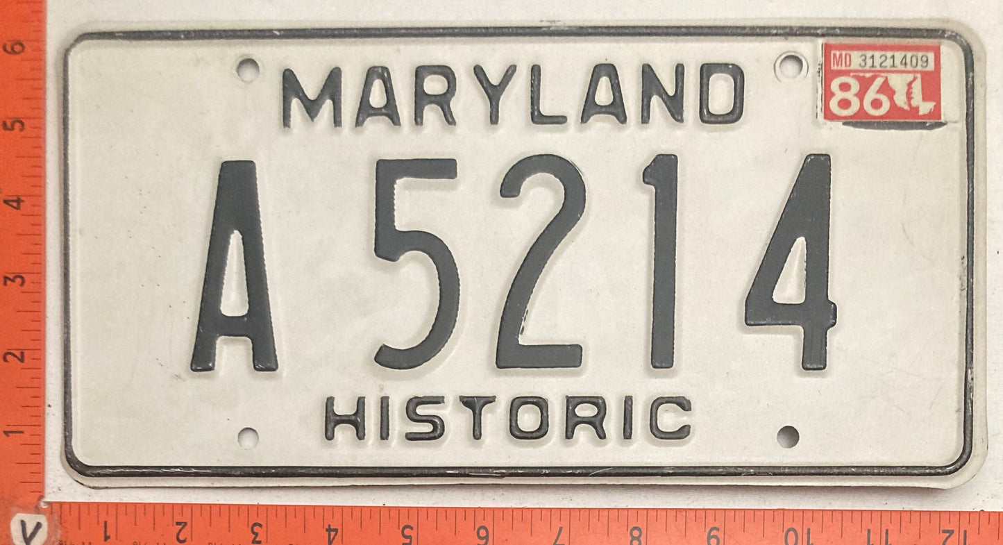 1986 Maryland #A 5214 Historic License Plate