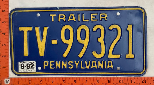 1992 Pennsylvania #TV-99321 Trailer License Plate