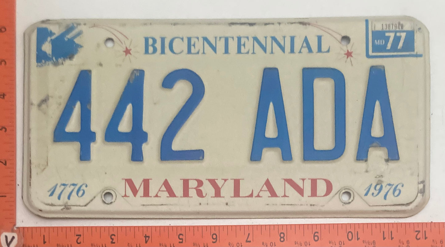 1977 Maryland #442 ADA Passenger Bicentennial License Plate