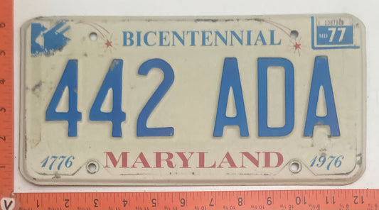 1977 Maryland #442 ADA Passenger Bicentennial License Plate