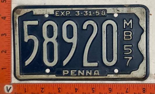 1957 Pennsylvania #58920 Motorboat License Plate