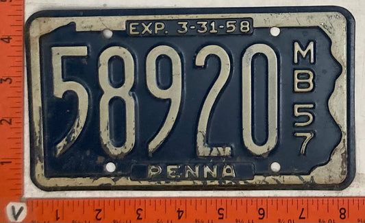 1957 Pennsylvania #58920 Motorboat License Plate