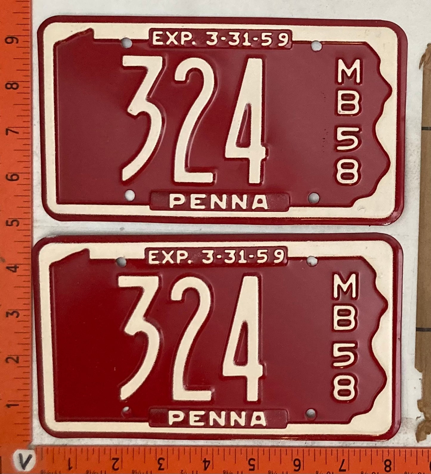 1958 Pennsylvania #324 Motorboat License Plate (Pair with Envelope)