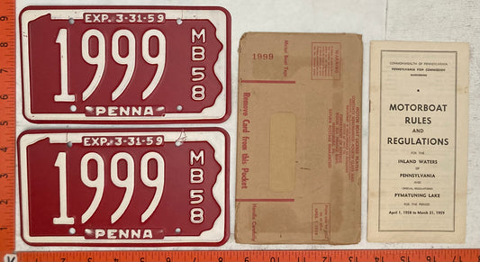 1958 Pennsylvania #1999 Motorboat License Plate (Pair with Envelope & Rules & Regulations)