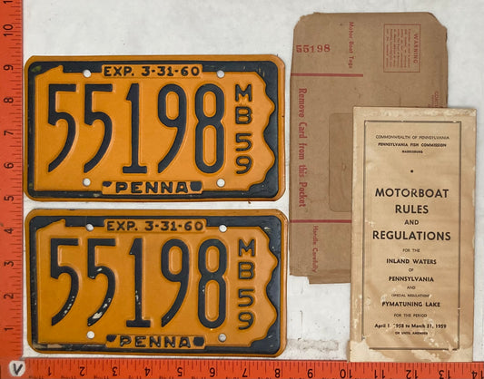 1959 Pennsylvania #55198 Motorboat License Plate (Pair with Envelope & Rules & Regulations Book))