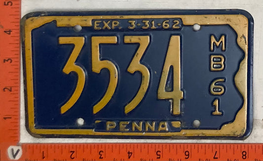1961 Pennsylvania #3534 Motorboat License Plate