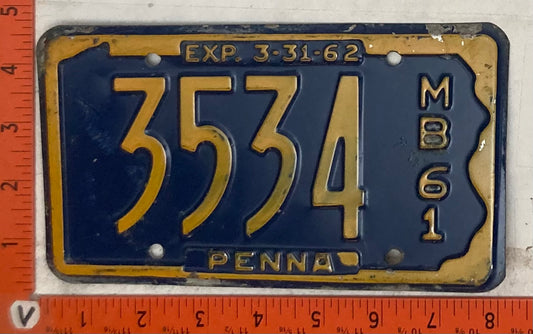 1961 Pennsylvania #3534 Motorboat License Plate