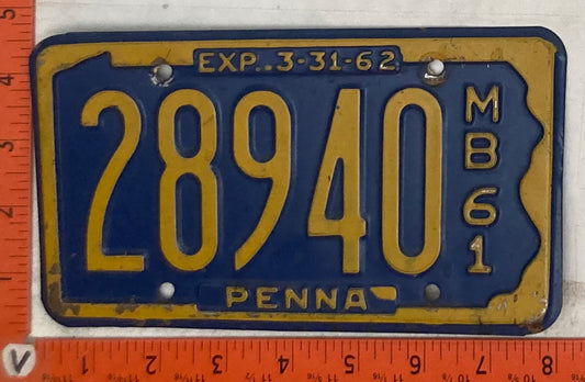 1961 Pennsylvania #28940 Motorboat License Plate
