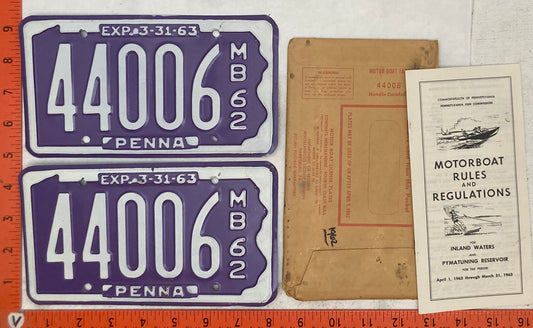 1962 Pennsylvania #44006 Motorboat License Plate (Pair with Envelope & Rules & Regulations Book)