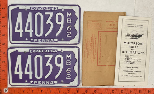 1962 Pennsylvania #44039 Motorboat License Plate (Pair with Envelope & Rules & Regulations Book)