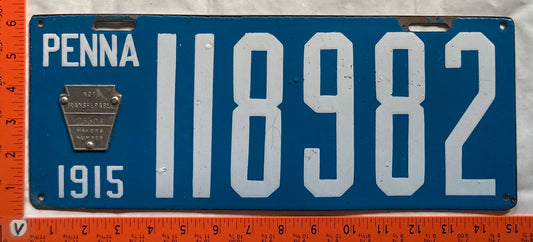 1915 Pennsylvania #118982 Passenger License Plate