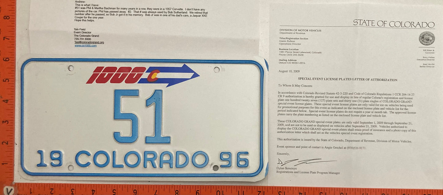 1996 Colorado Grand 1000 Passenger License Plate # 51