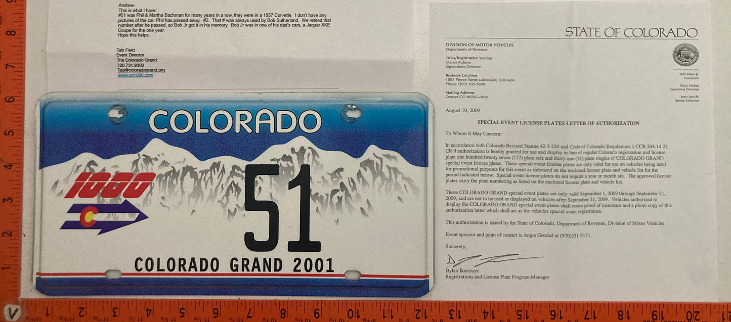 2001 Colorado Grand 1000 Passenger License Plate # 51
