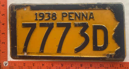 1938 Pennsylvania #7773D Passenger License Plate