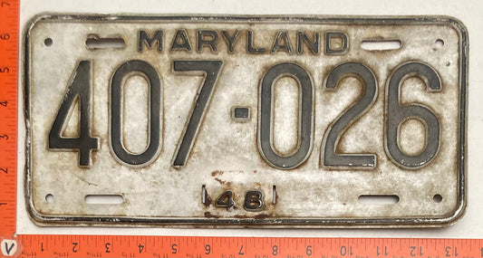 1948 Maryland #407-026 Passenger License Plate