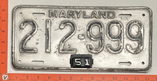 1951 Maryland #212-999 Passenger License Plate