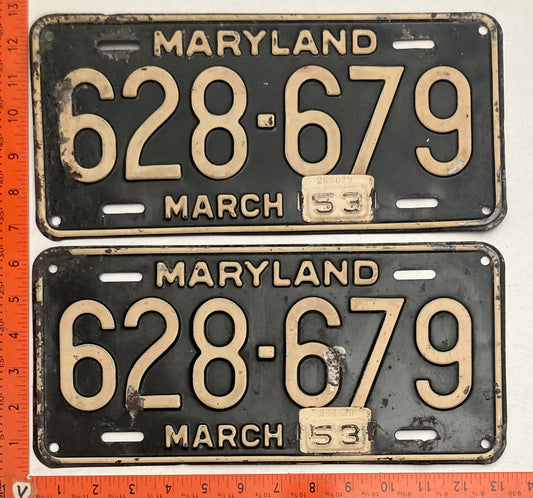 1953 Maryland #628-679 Passenger License Plate PAIR