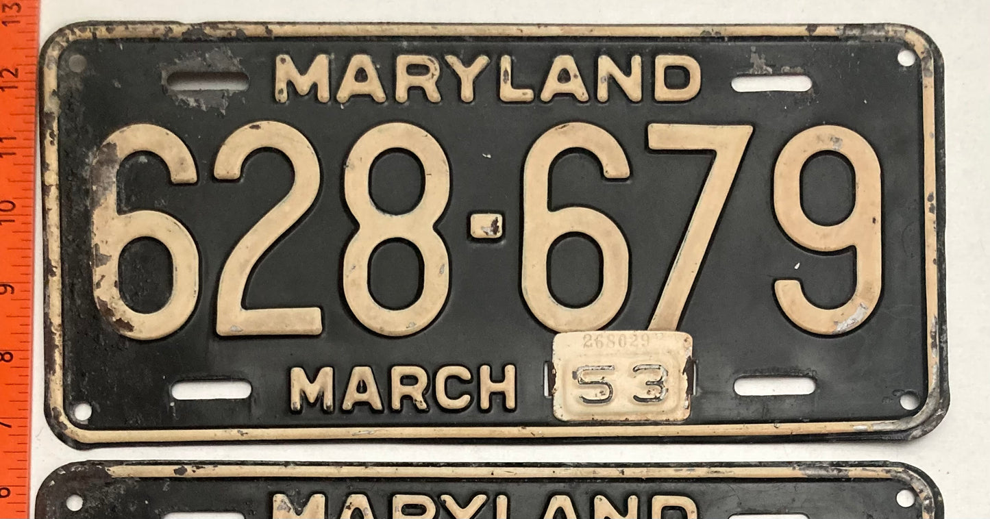 1953 Maryland #628-679 Passenger License Plate PAIR