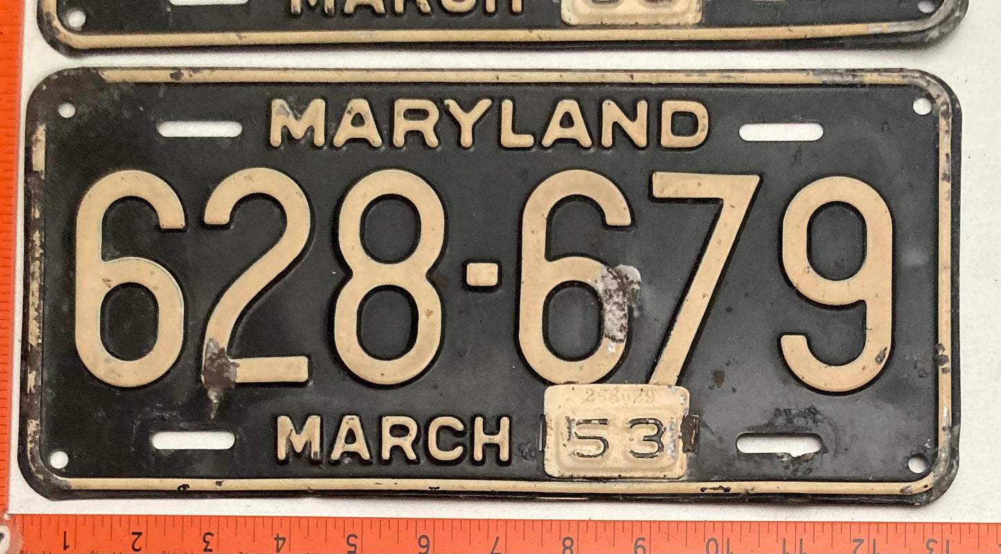1953 Maryland #628-679 Passenger License Plate PAIR
