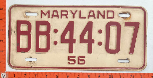 1956 Maryland #BB:44:07 Passenger License Plate