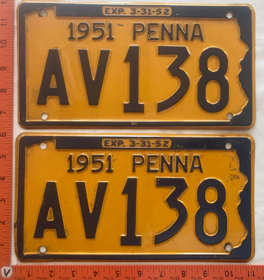 1951 Pennsylvania #AV138 Passenger License Plate (Pair)