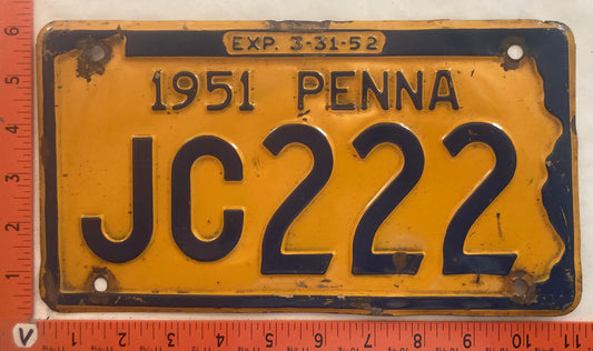 1951 Pennsylvania #JC222 Passenger License Plate