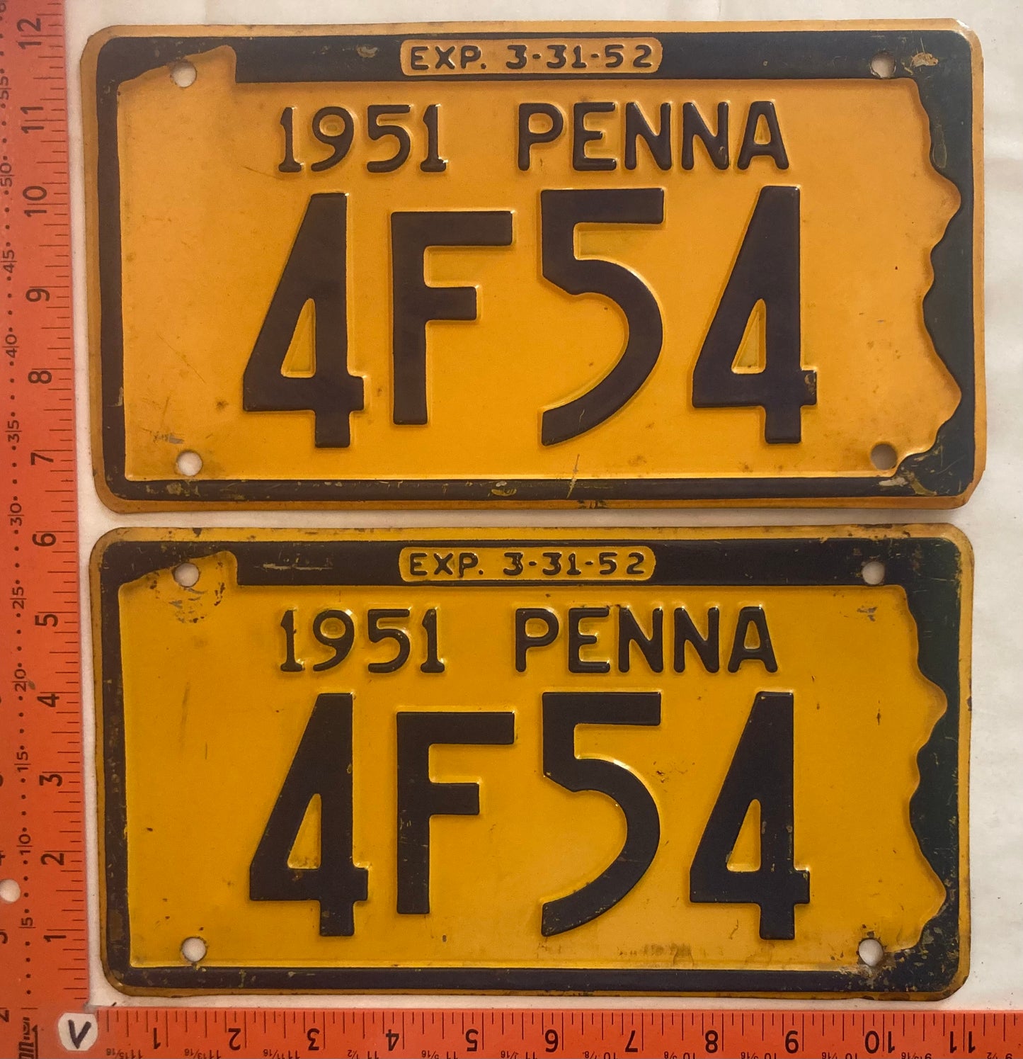 1951 Pennsylvania #4F54 Passenger License Plate (Pair)