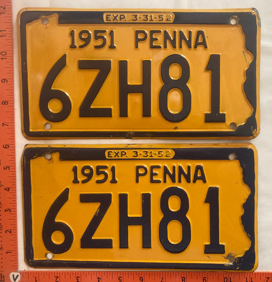 1951 Pennsylvania #6ZH81 Passenger License Plate (Pair)