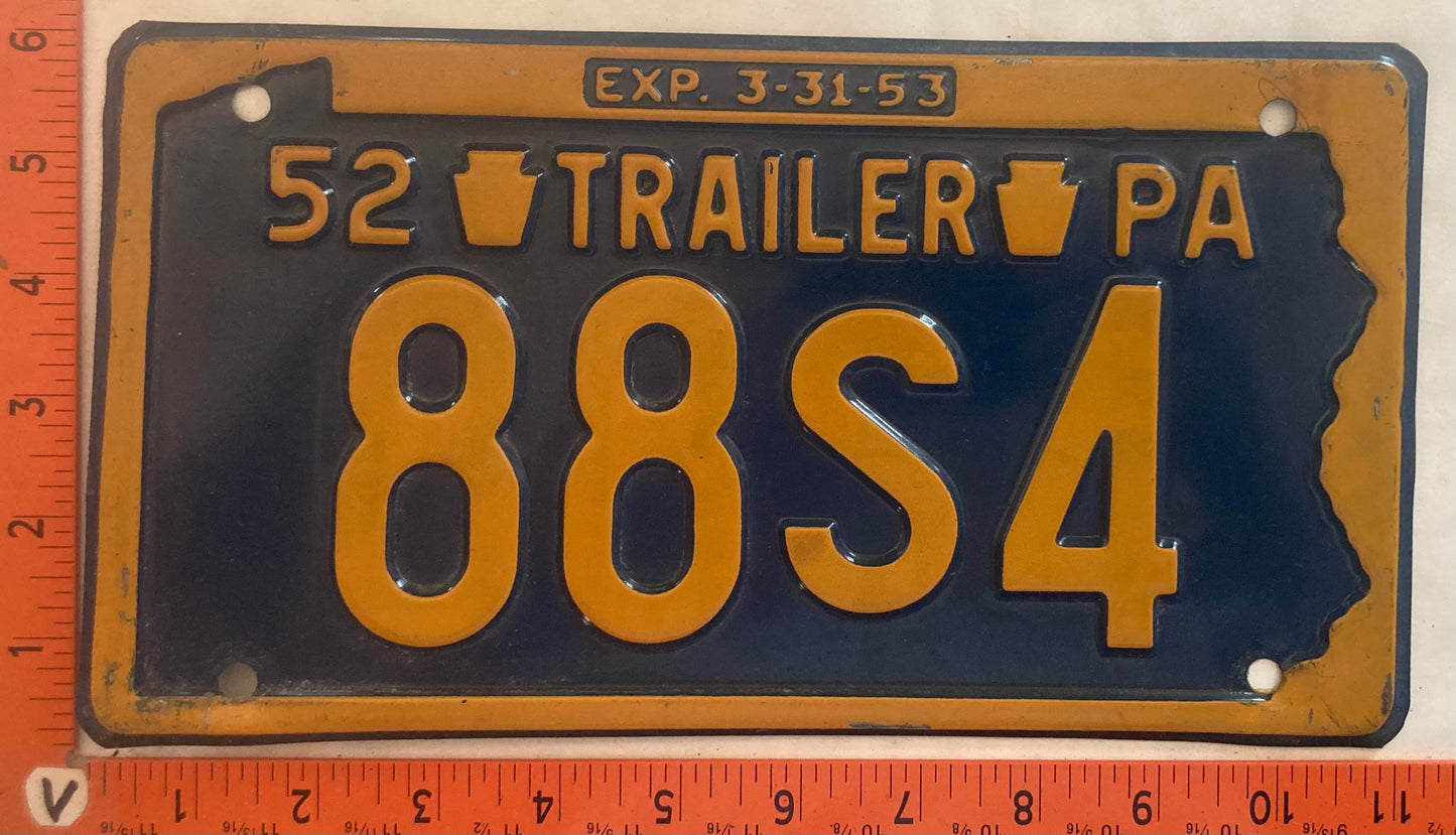 1952 Pennsylvania #88S4 Trailer License Plate