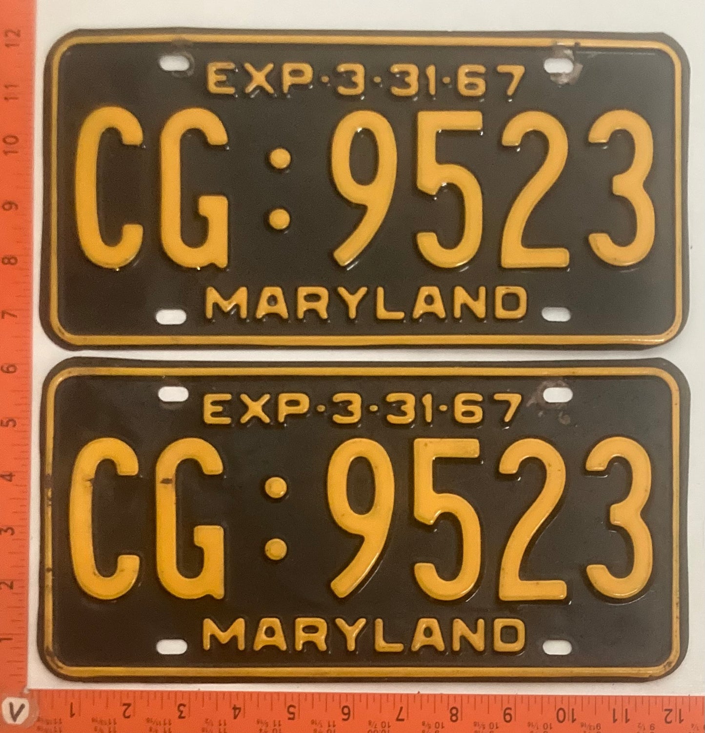 1967 Maryland #CG:9523 Passenger License Plate PAIR