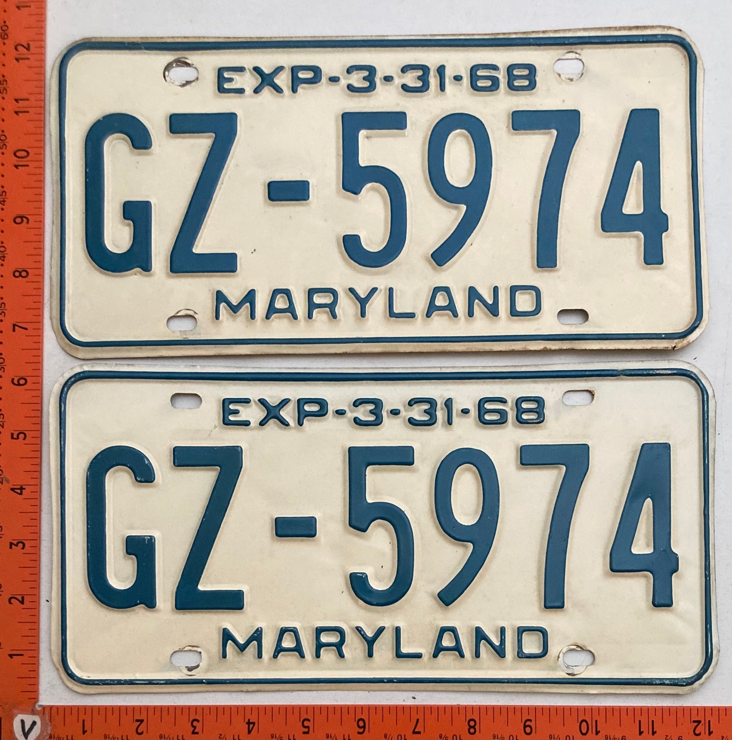 1968 Maryland #GZ-5974 Passenger License Plate PAIR