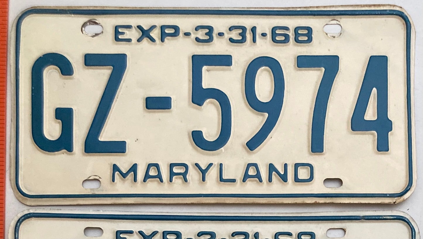1968 Maryland #GZ-5974 Passenger License Plate PAIR