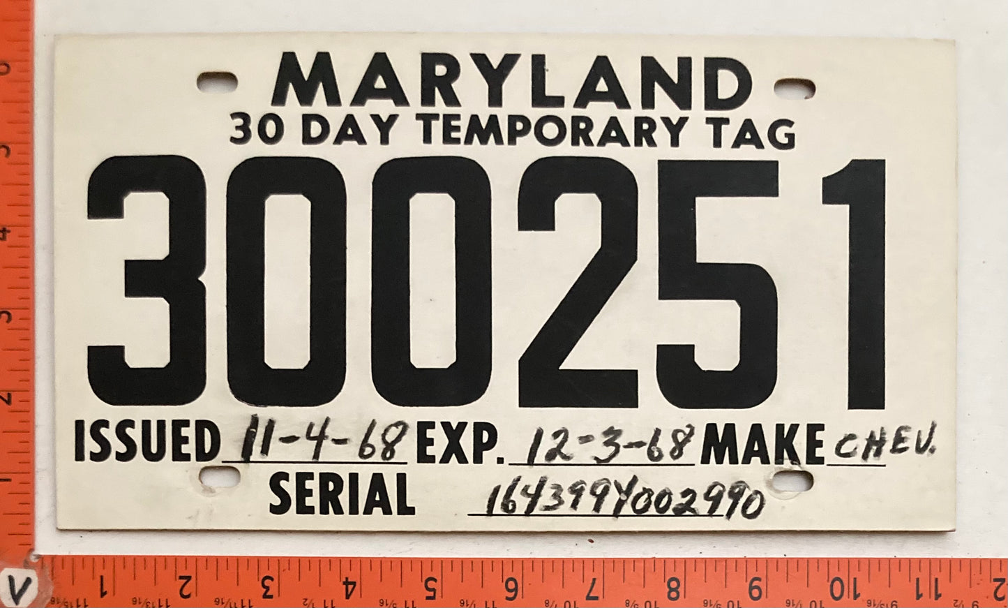 1968 Maryland #300251 30-Day Temporary Passenger License Plate
