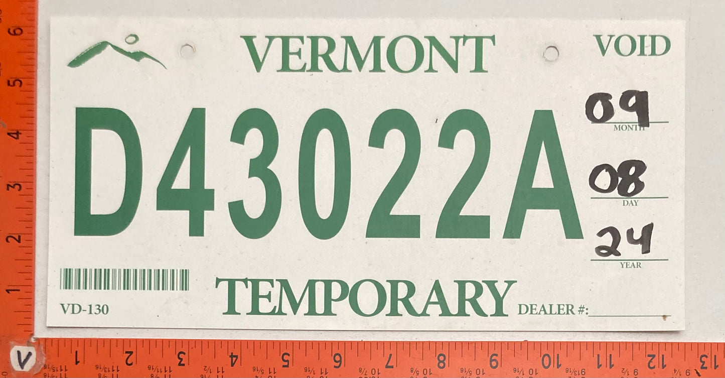 2024 Vermont #D44022A Temporary License Plate