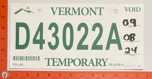 2024 Vermont #D44022A Temporary License Plate