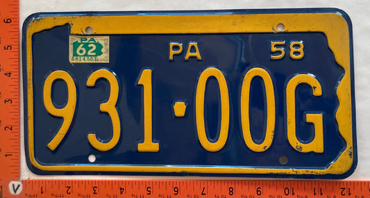 1962 Pennsylvania #931-00G Passenger License Plate