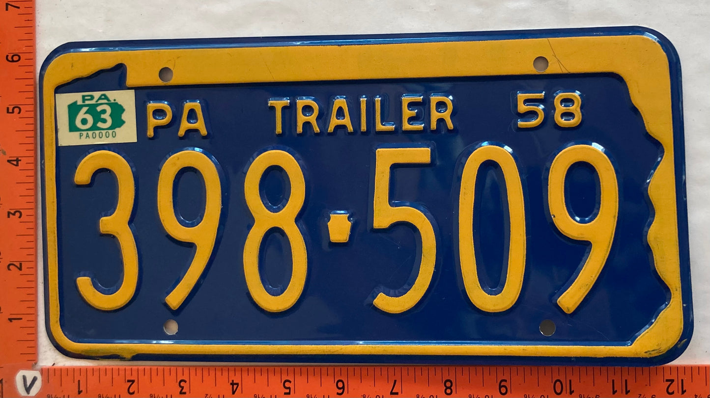 1963 Pennsylvania #398-509 Trailer License Plate