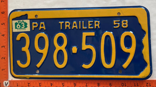 1963 Pennsylvania #398-509 Trailer License Plate