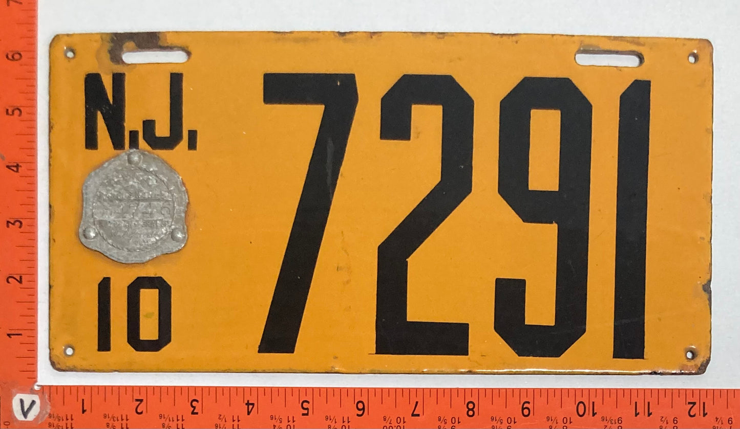 1910 New Jersey #7291 Passenger License Plate (Porcelain)