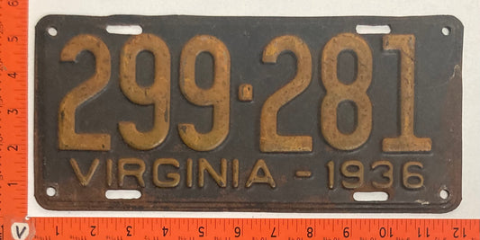 1936 Virginia #299-281 Passenger License Plate