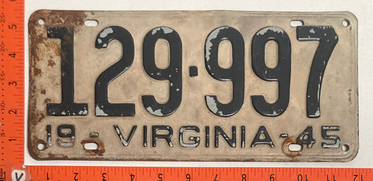 1945 Virginia #129-997 Passenger License Plate
