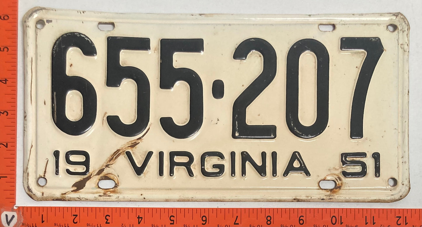 1951 Virginia #655-207 Passenger License Plate