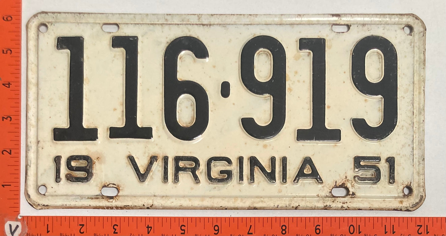 1951 Virginia #116-919 Passenger License Plate