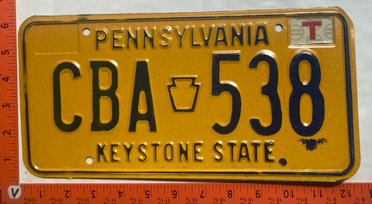 1978 Pennsylvania #CBA 538 Passenger License Plate