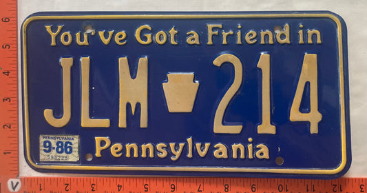 1986 Pennsylvania #JLM 214 Passenger License Plate