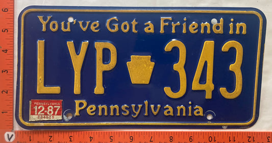 1987 Pennsylvania #LYP 343 Passenger License Plate